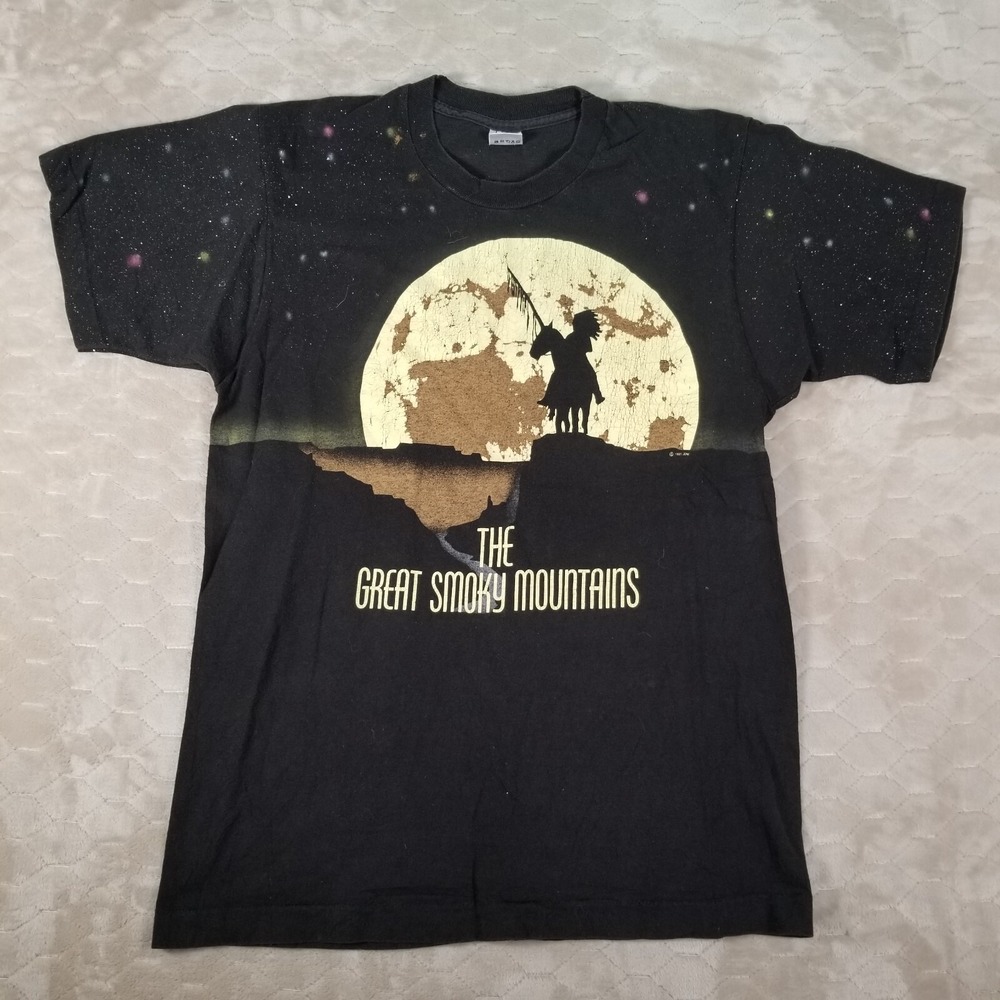 VTG Great Smoky Mountains National Park Shirt Sz L USA Made 1991 Indian AOP